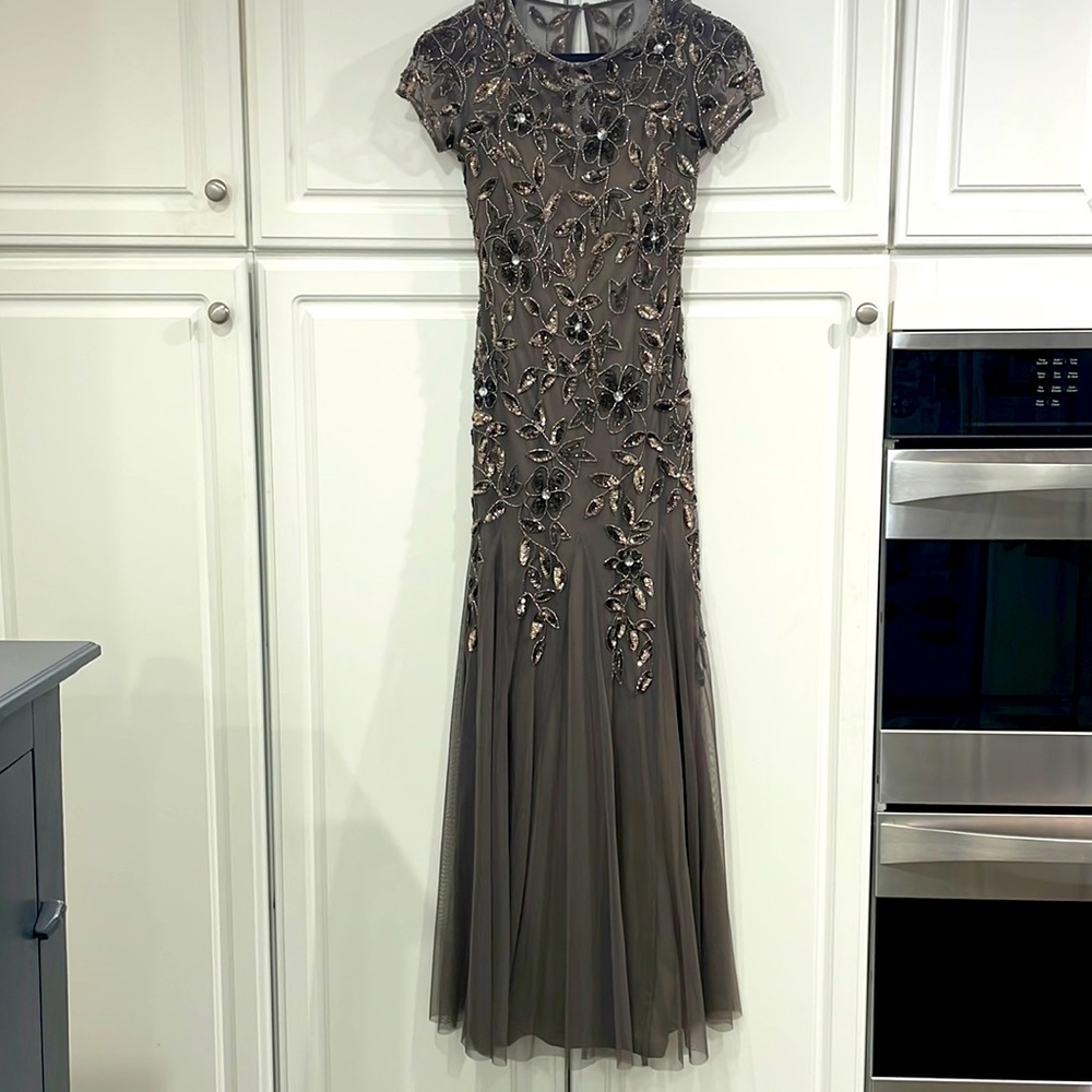Adrianna Papell hand beaded short sleeve floral godet gown in Lead, size 2